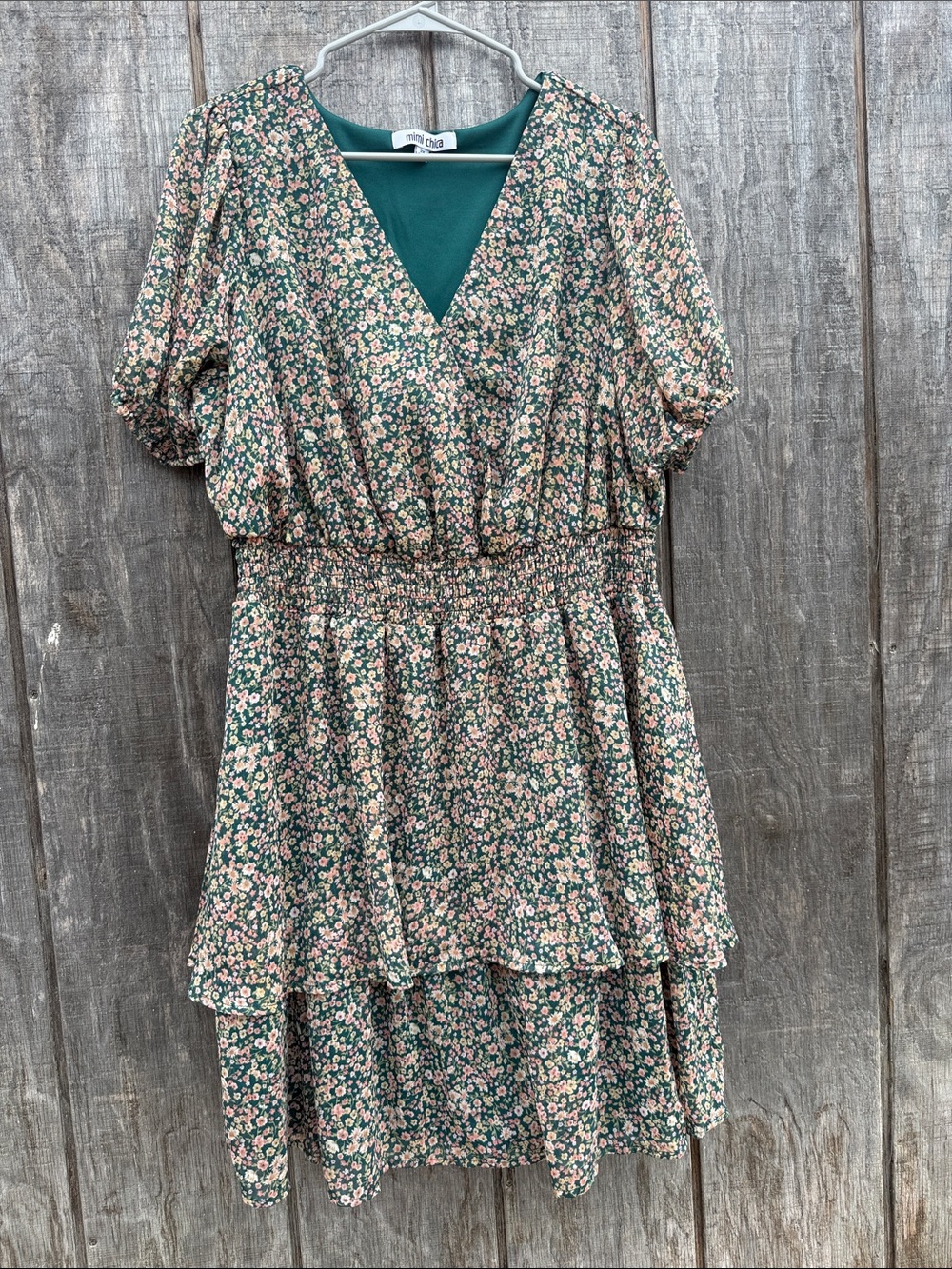 Mimi Chica 2X Green Floral V-Neckline Smocked Waist Tiered Ruffled Mini Dress